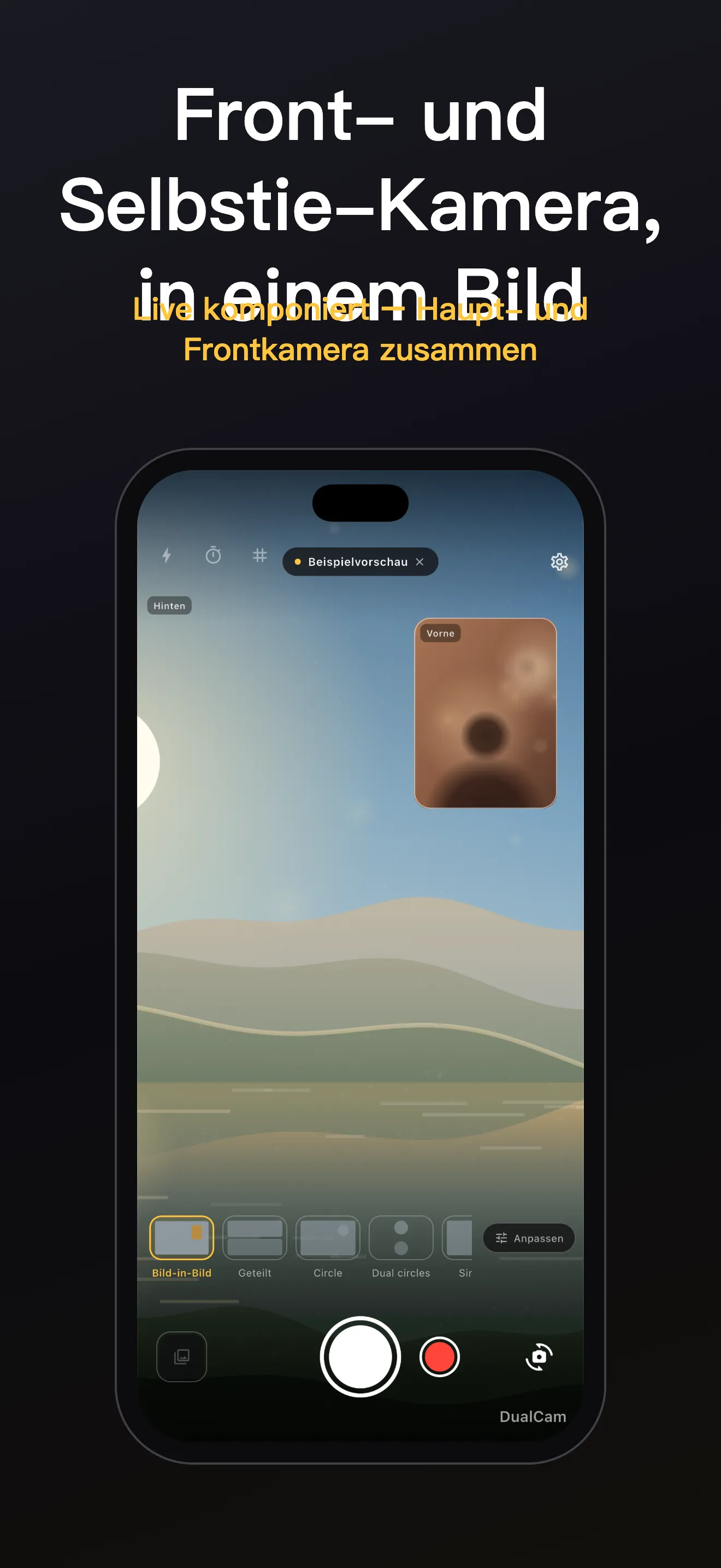 DualCam-Bildschirm 1: Layout mit zwei Objektiven