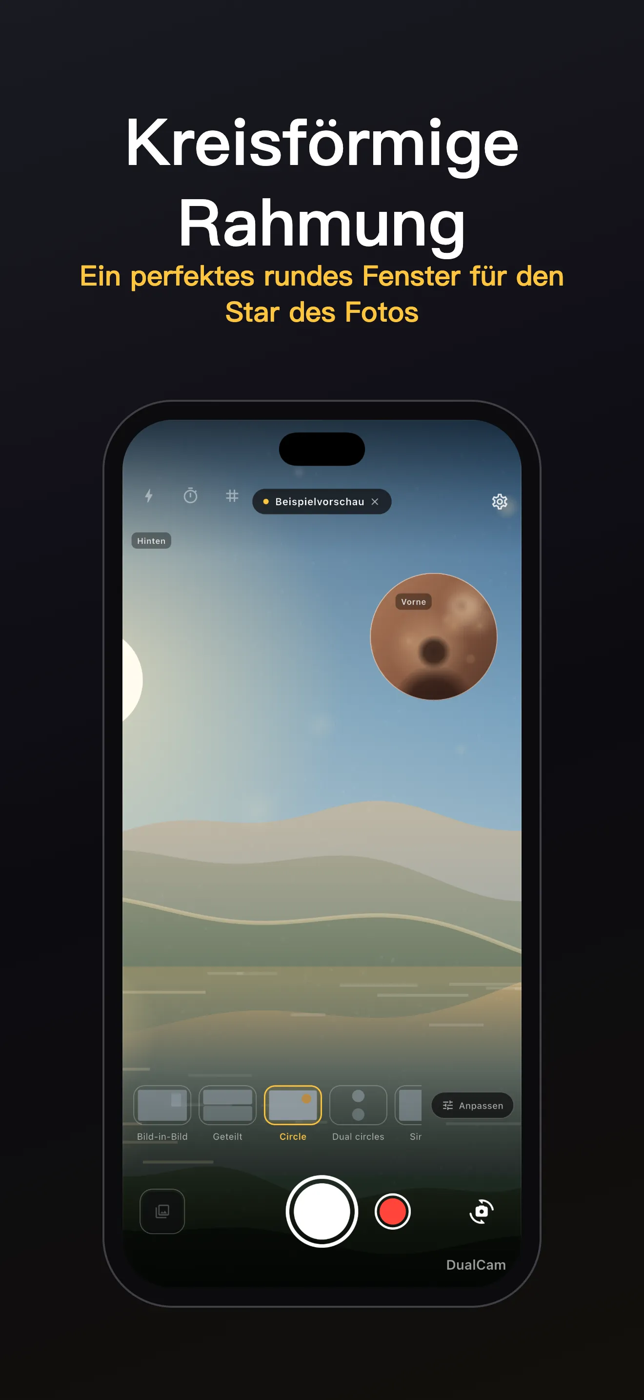 DualCam-Bildschirm 2: Layout mit zwei Objektiven