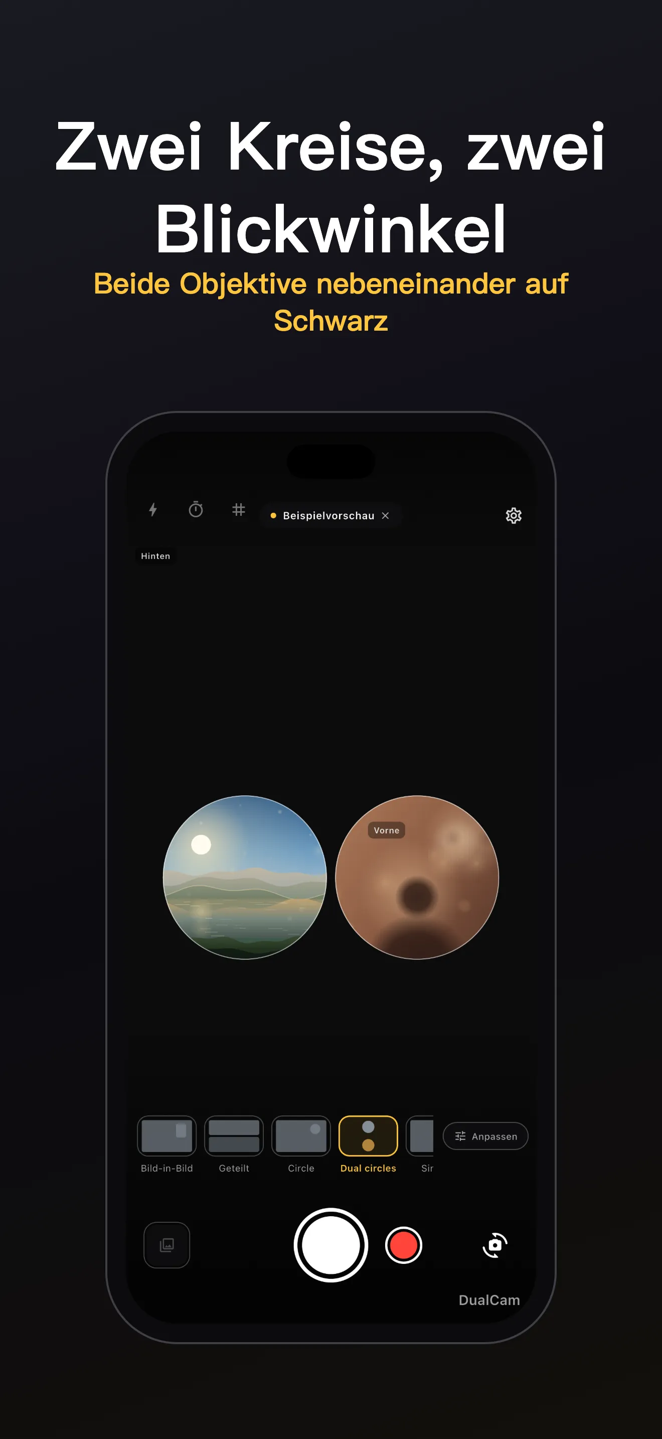 DualCam-Bildschirm 3: Layout mit zwei Objektiven