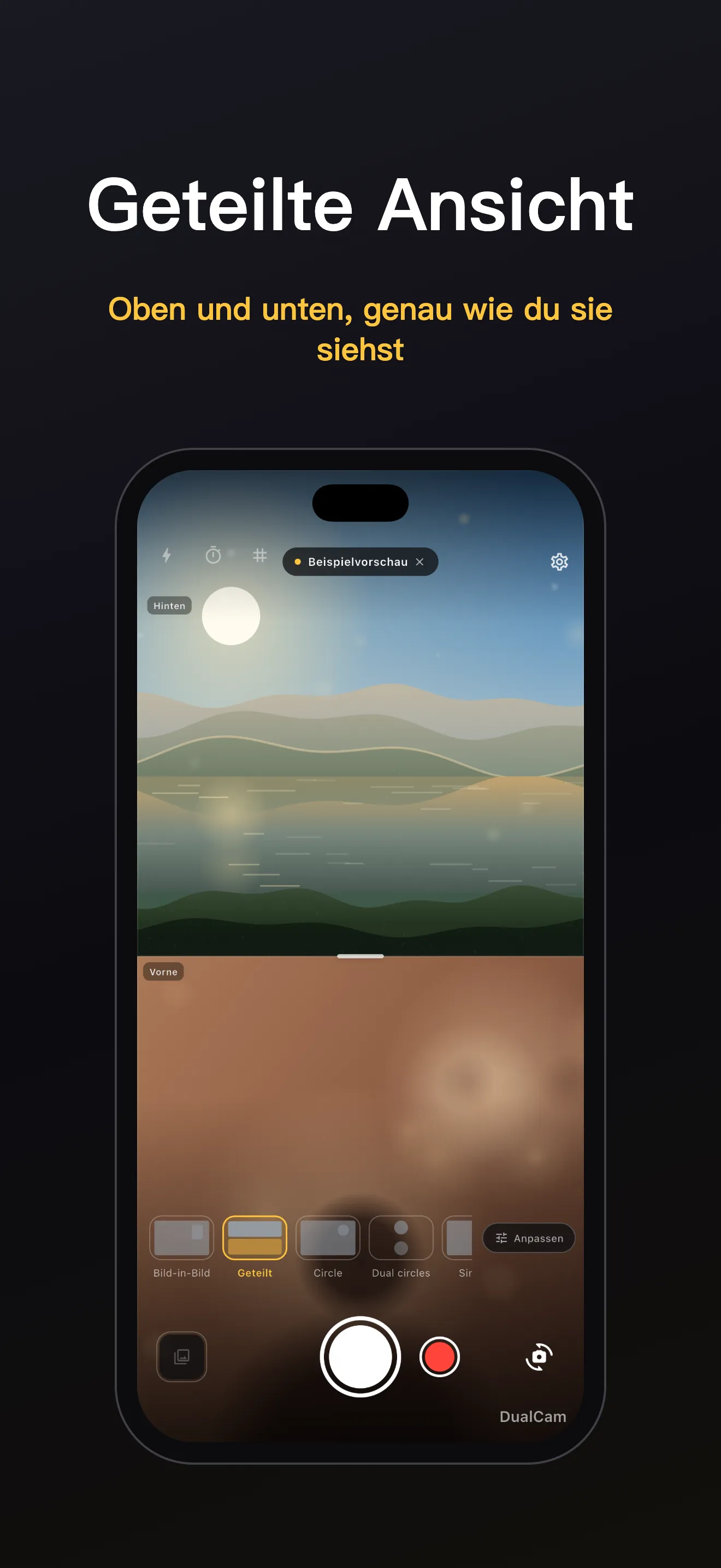 DualCam-Bildschirm 4: Layout mit zwei Objektiven