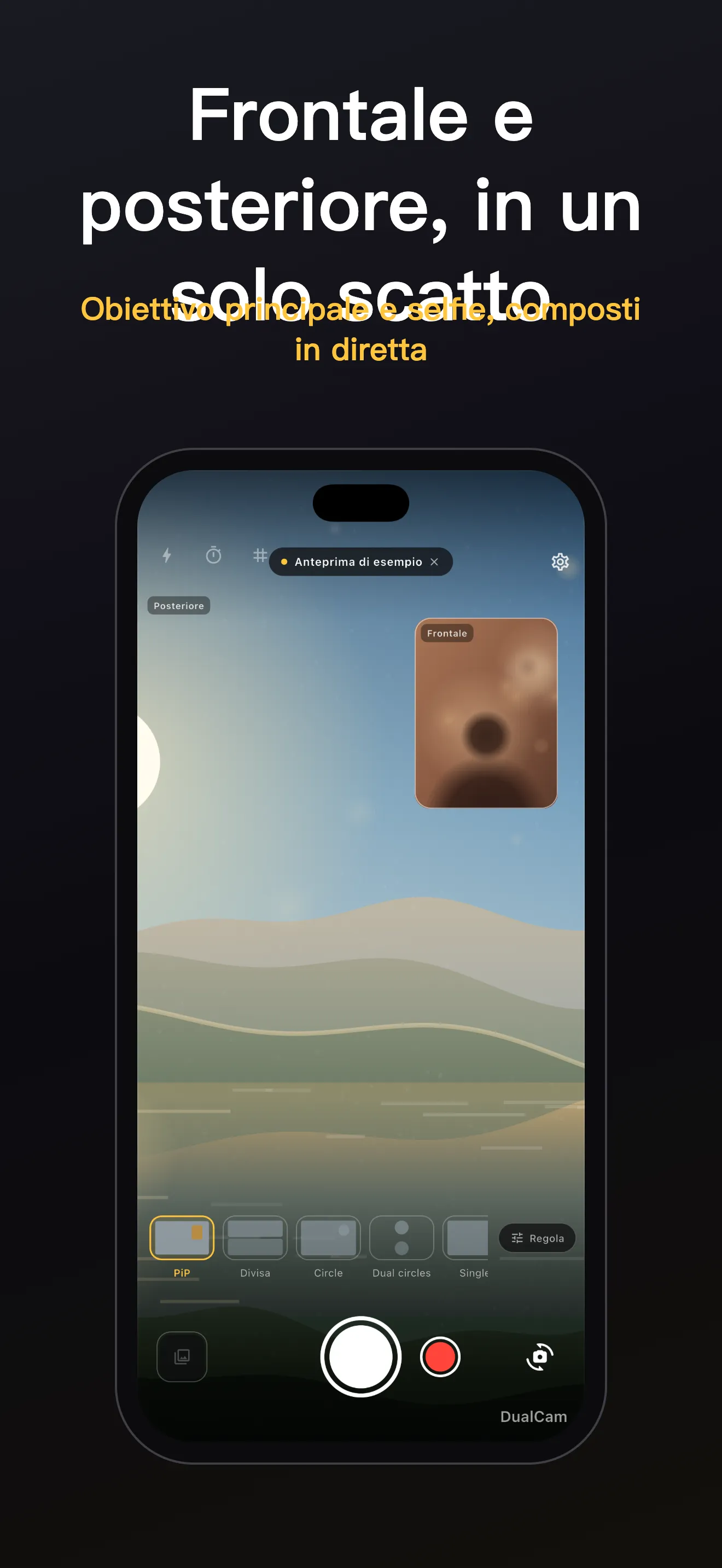 Schermata di DualCam 1: inquadratura a doppio obiettivo
