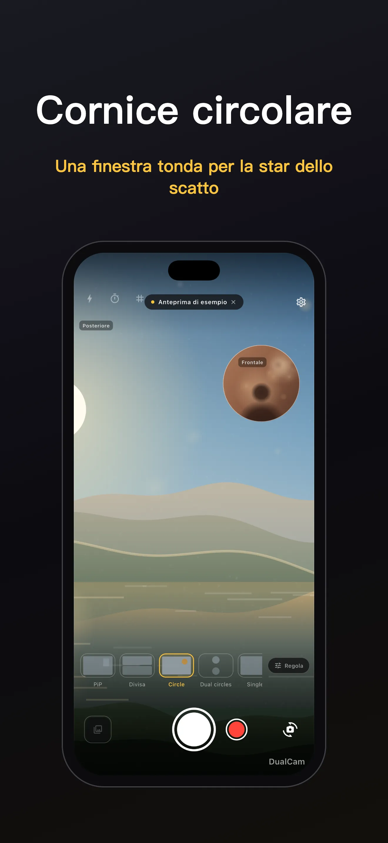 Schermata di DualCam 2: inquadratura a doppio obiettivo