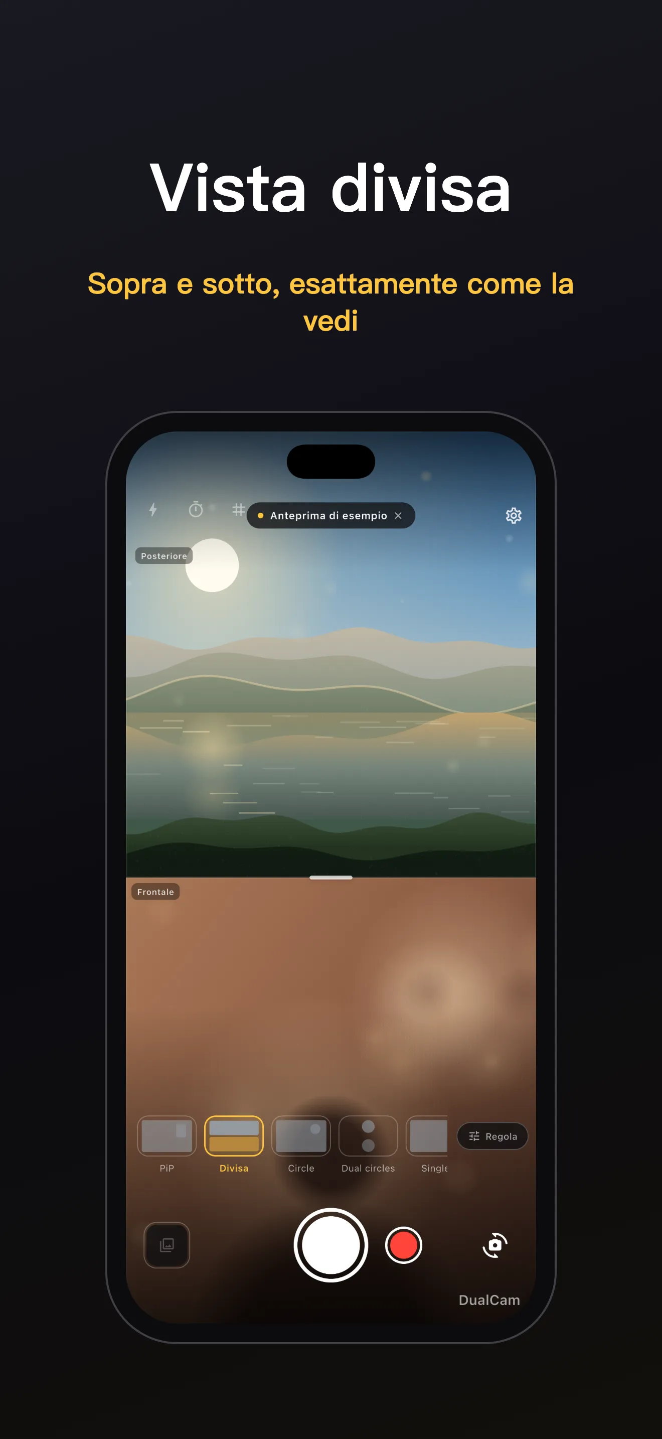 Schermata di DualCam 4: inquadratura a doppio obiettivo