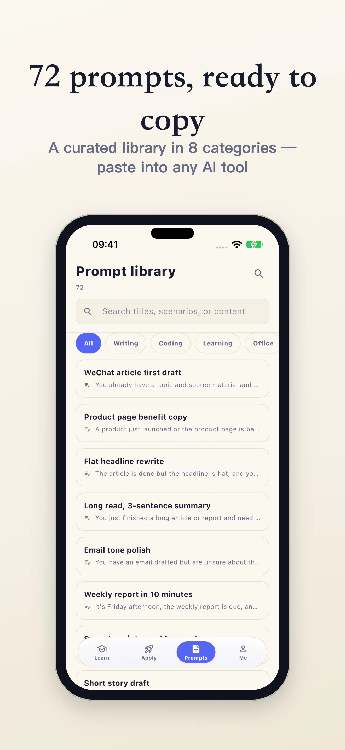 Prompt library: 72 curated prompts in 8 categories