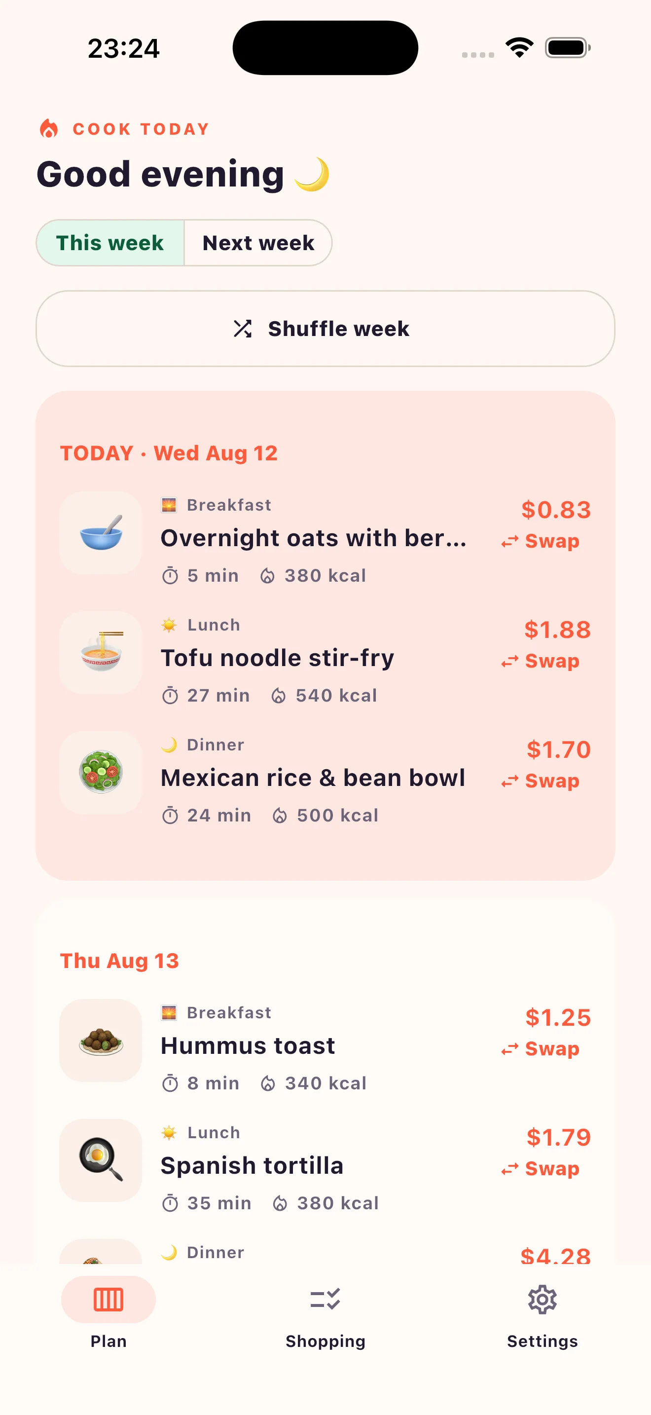 Cook Today weekly plan