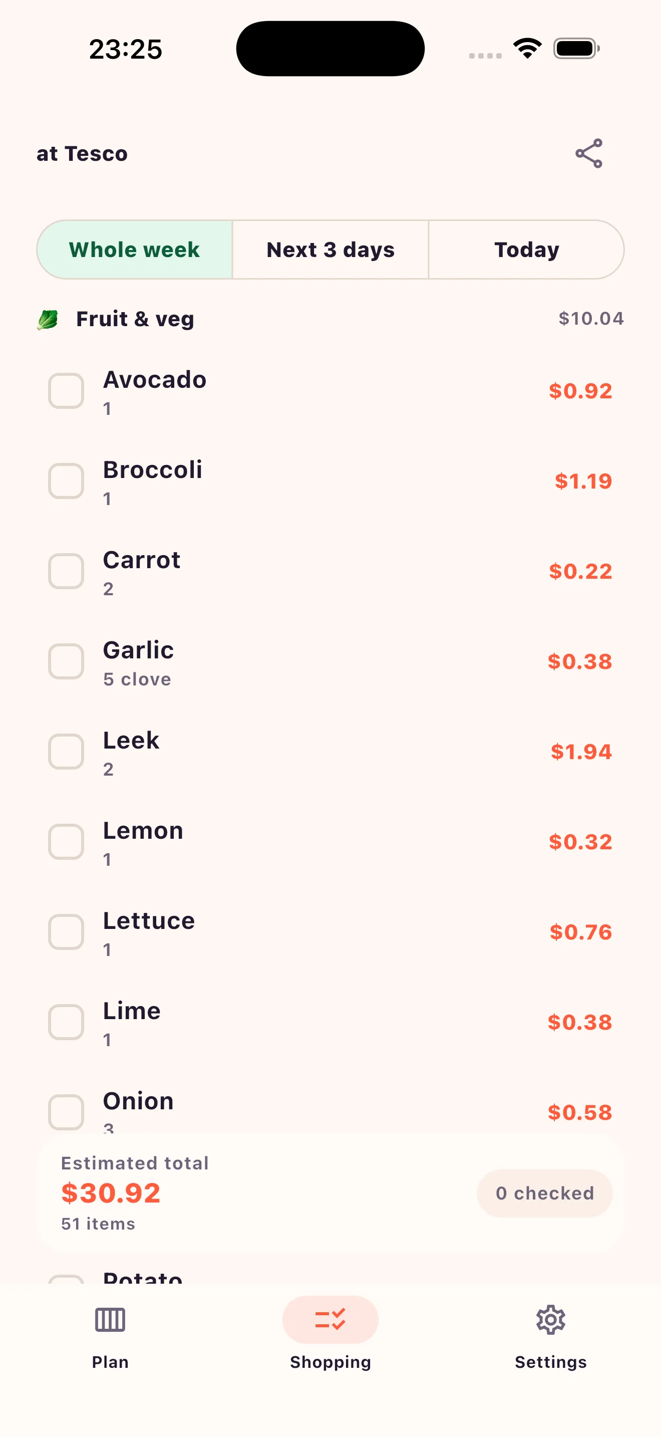 Cook Today shopping list